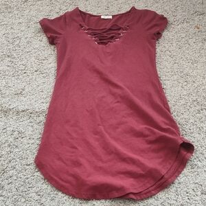 Heart Hips Maroon Lace-Up Short Sleeve Dress